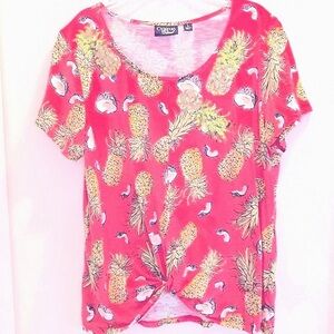 Onque Casual Coral Colored Top With Pineapples & Coconut Print